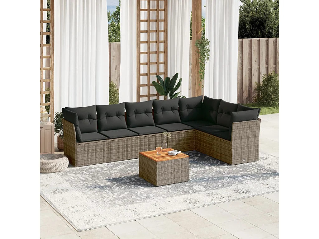 8-delige Loungeset met kussens poly rattan grijs