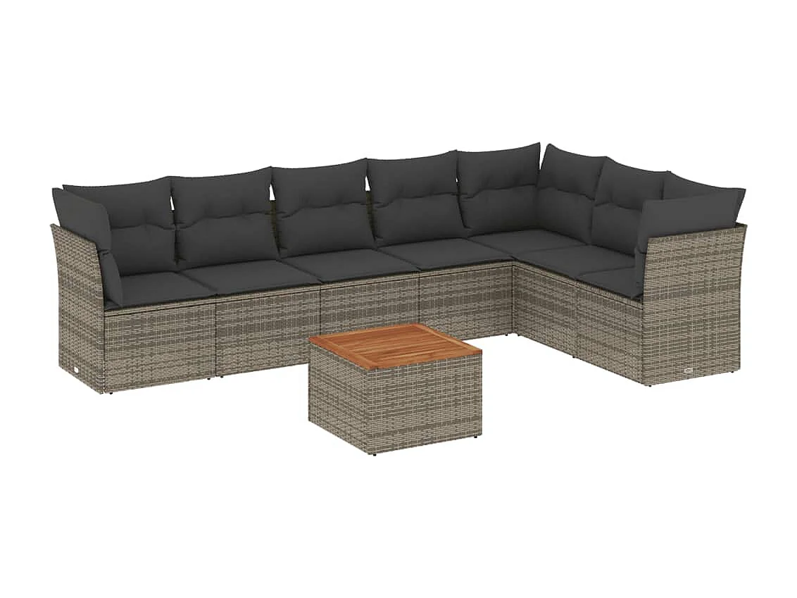 8-delige Loungeset met kussens poly rattan grijs