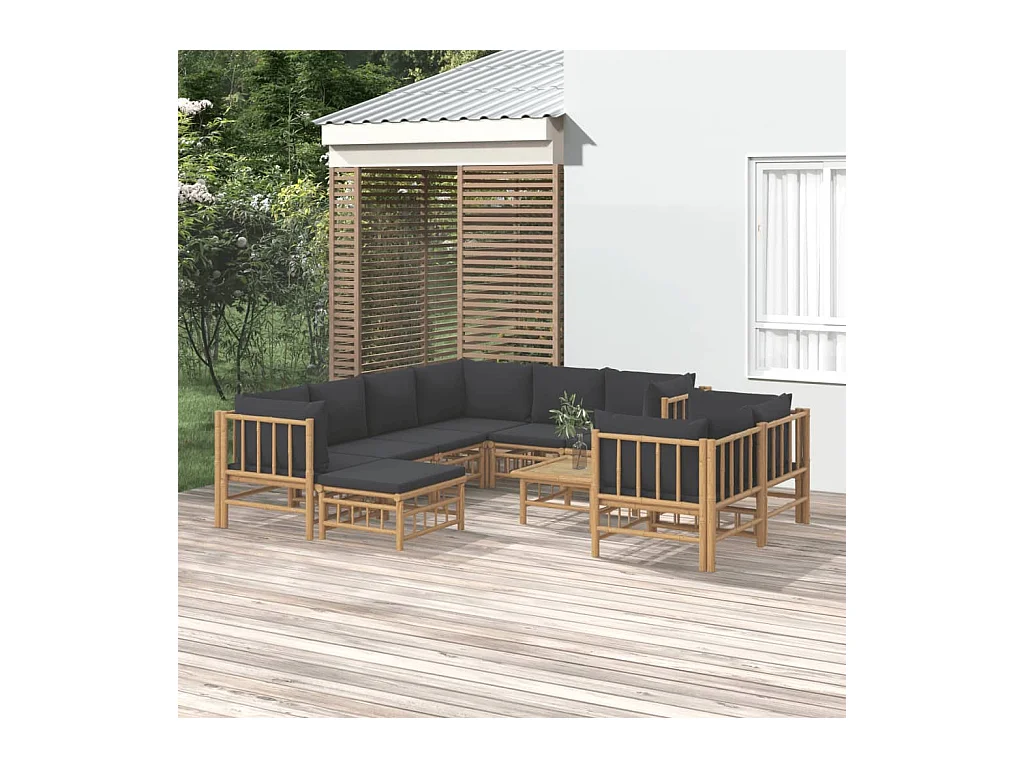 Set de muebles de jardín 10 piezas bambú con cojines gris oscuro