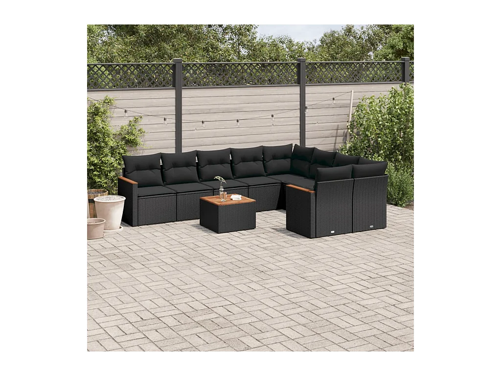 Salon de jardin 10 pièces avec coussins noir résine tressée