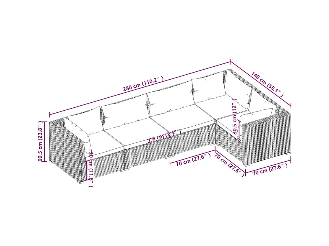 Salon de jardin 5 pièces avec coussins Résine tressée Noir