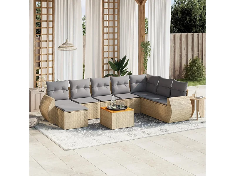 Salon de jardin avec coussins 9 pièces beige résine tressée