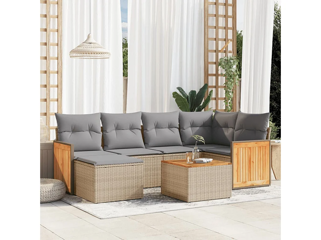 7-delige Loungeset met kussens poly rattan beige