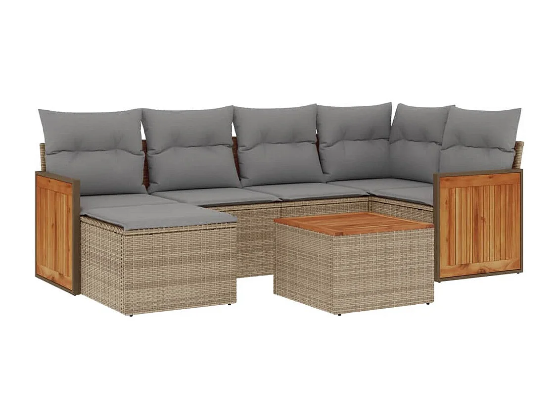 7-delige Loungeset met kussens poly rattan beige