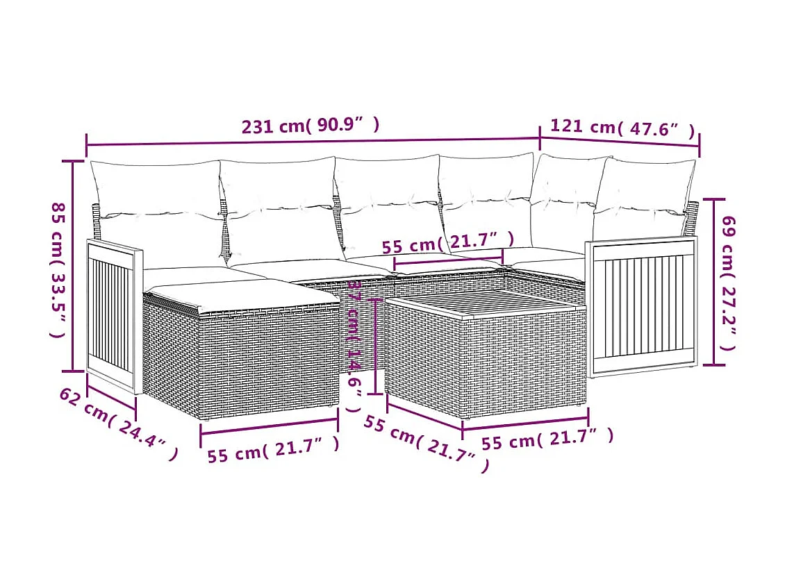 7-delige Loungeset met kussens poly rattan beige