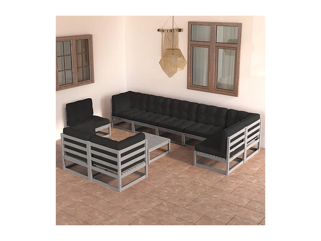 Juego de muebles de jardín 10 piezas y cojines madera pino maciza