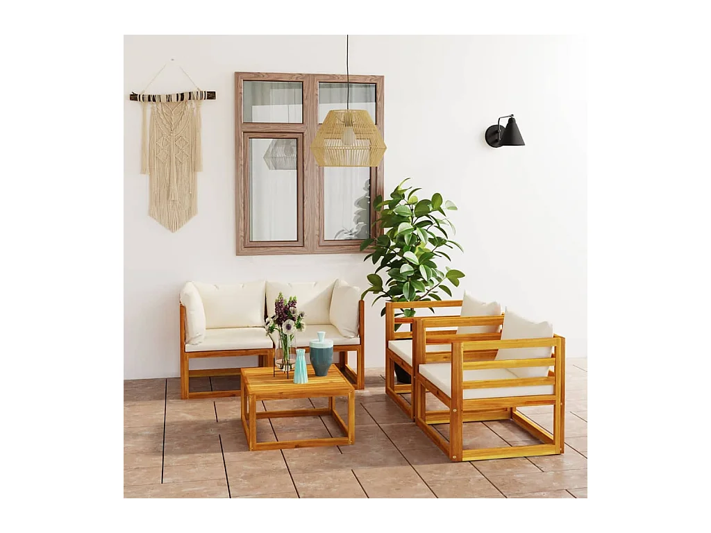 Salon de jardin 5 pièces avec coussin Crème Bois d'acacia solide