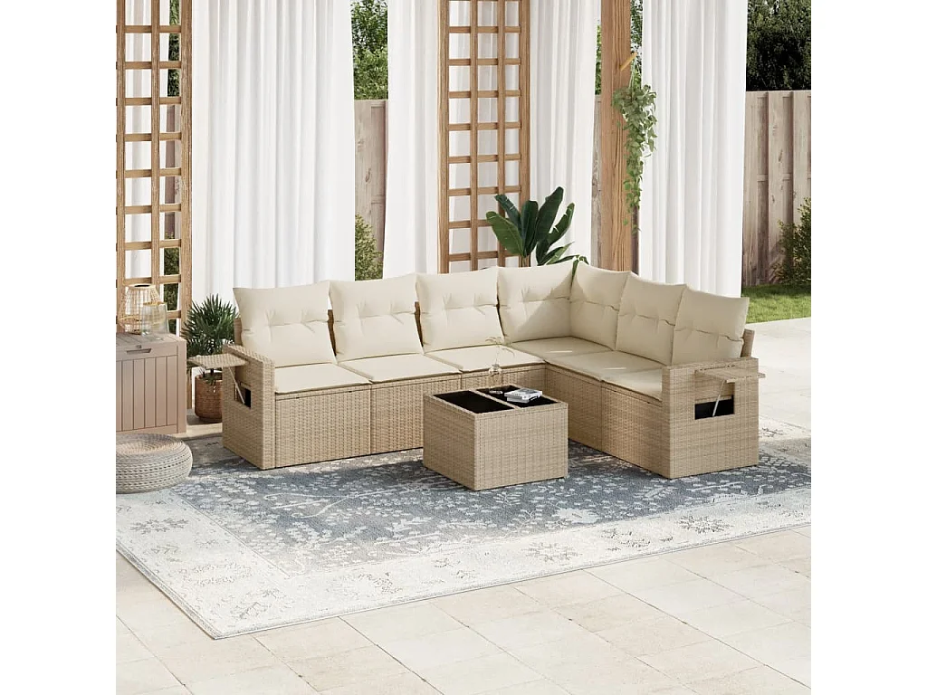 Set sofás de jardín 7 piezas y cojines ratán sintético beige
