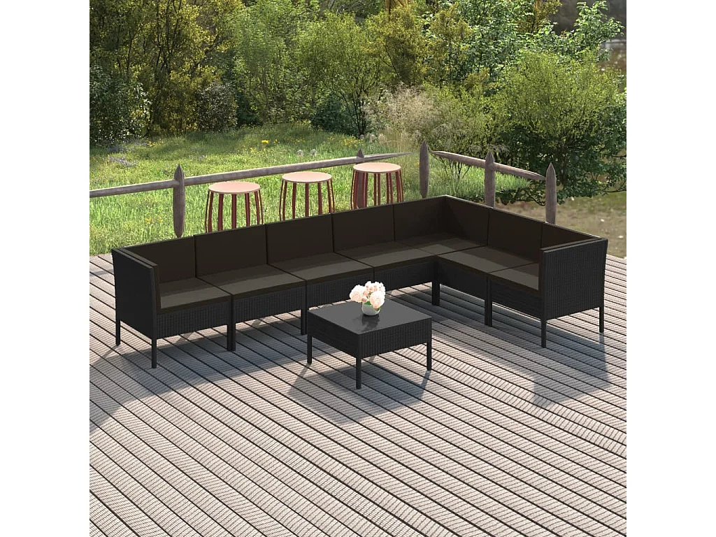 Set de muebles de jardín 8 piezas y cojines ratán sintético negro