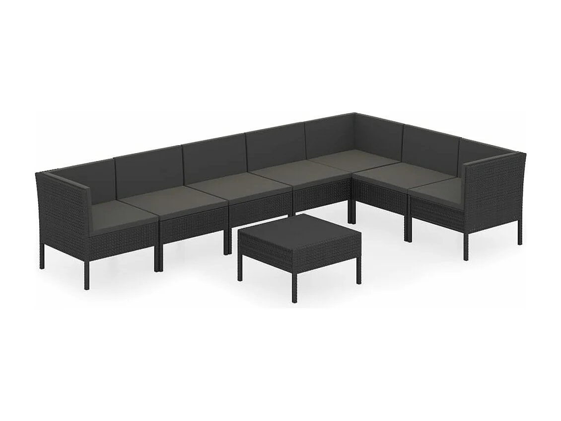 Set de muebles de jardín 8 piezas y cojines ratán sintético negro