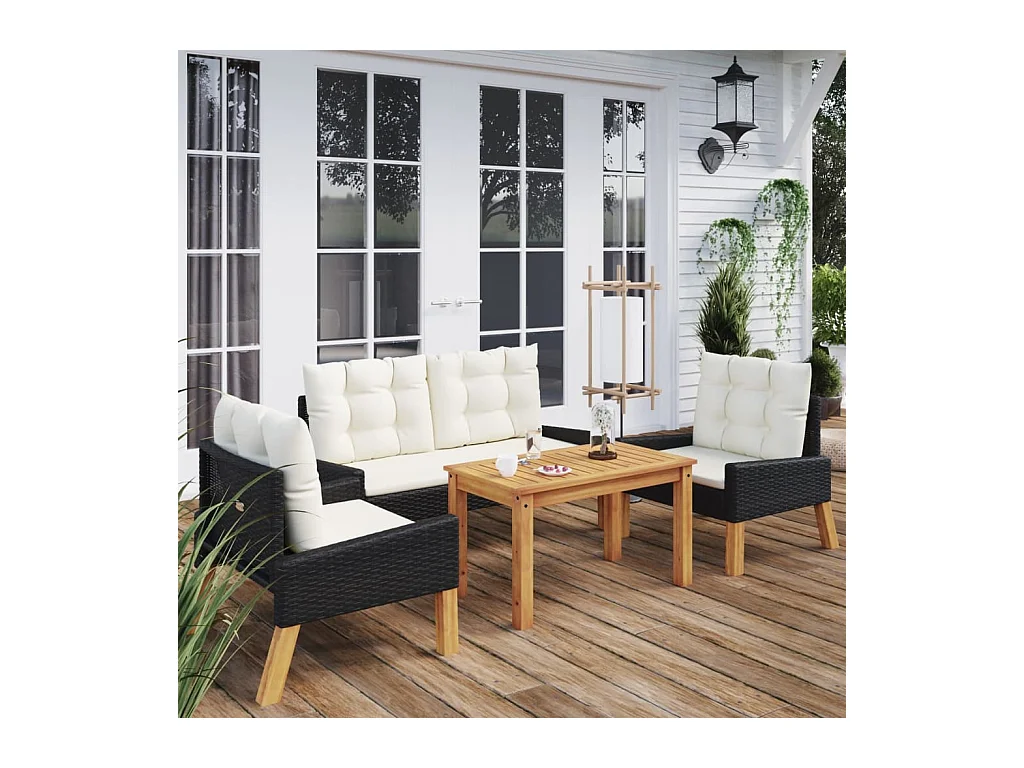 4-delige Loungeset met kussens poly rattan en massief hout