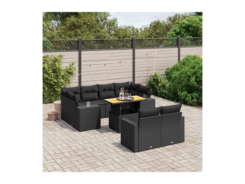 Salon de jardin 11 pièces avec coussins noir résine tressée