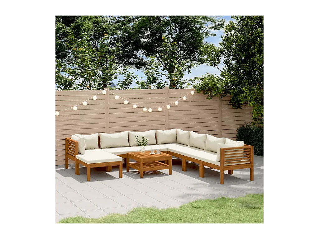 Salon de jardin 9 pièces avec coussin crème Bois d'acacia solide