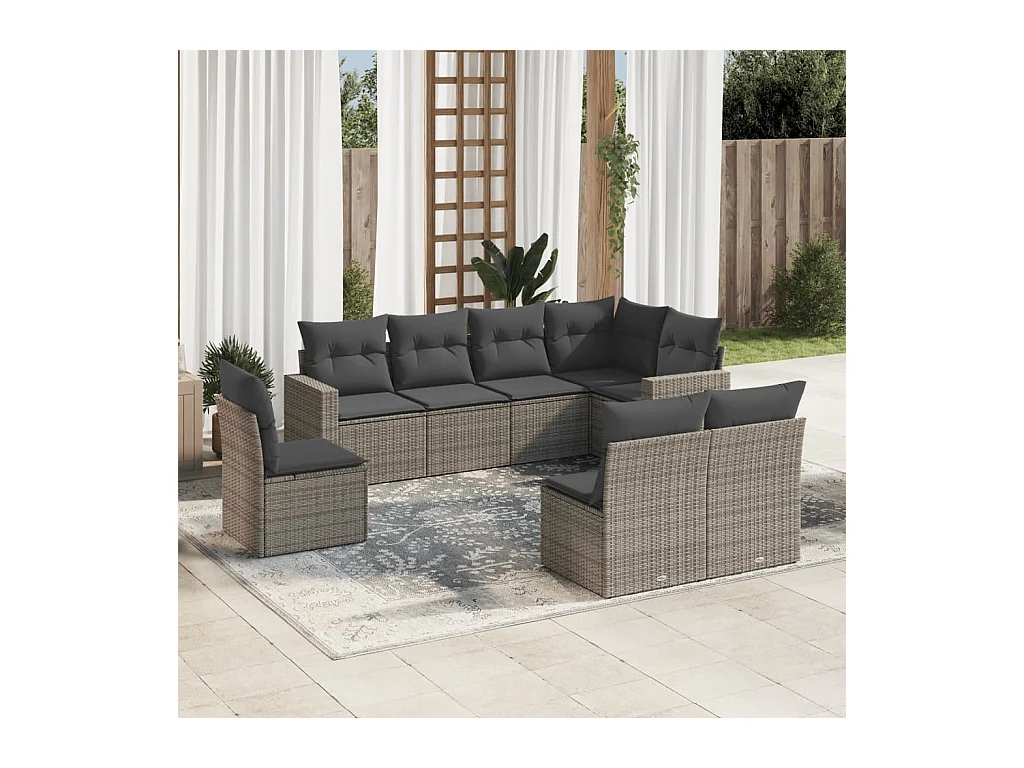 8-delige Loungeset met kussens poly rattan grijs