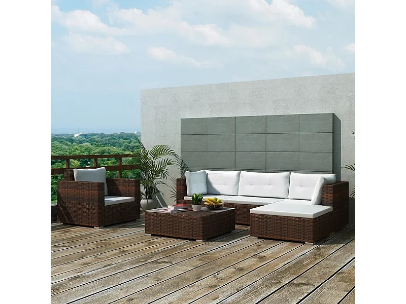 Salon de jardin 6 pièces avec coussins Résine tressée Marron