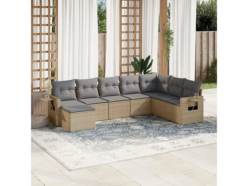 8-delige Loungeset met kussens poly rattan beige
