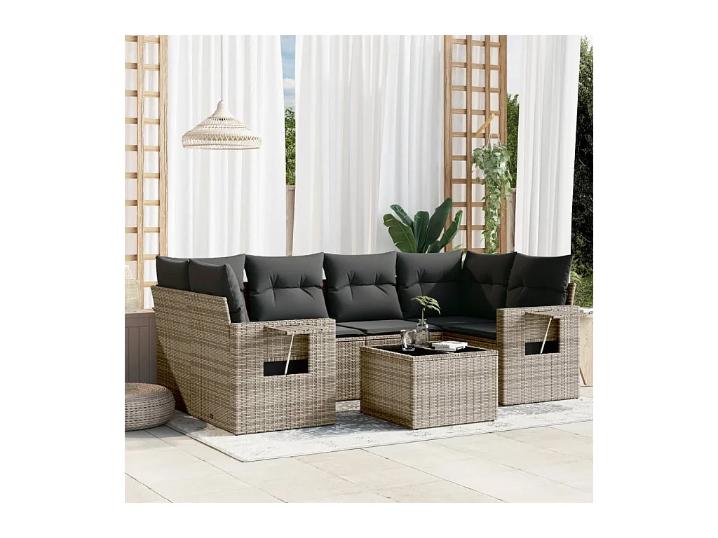 Salon de jardin avec coussins 7 pièces gris résine tressée