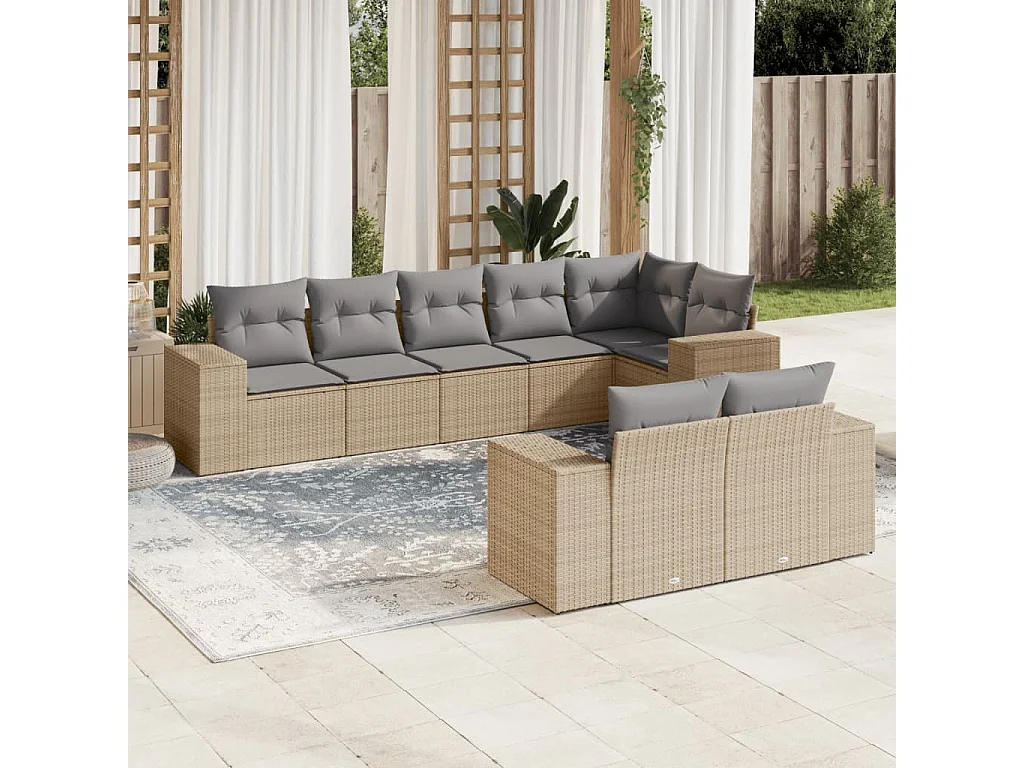 8 peças conjunto de sofás p/ jardim com almofadões vime PE bege