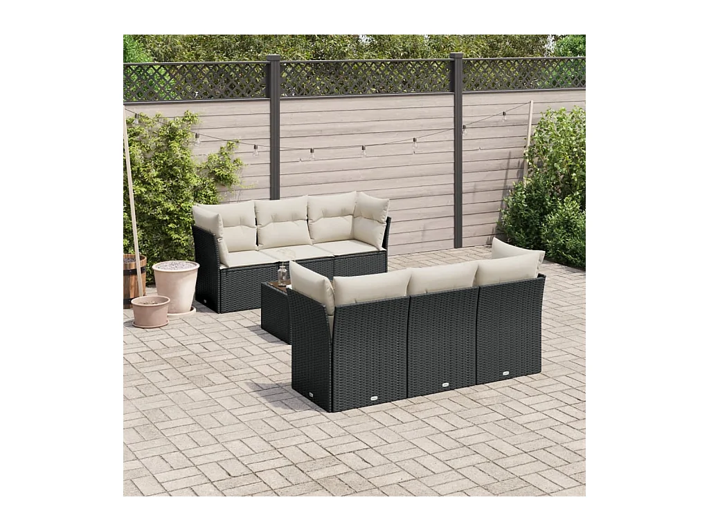7-delige Loungeset met kussens poly rattan zwart