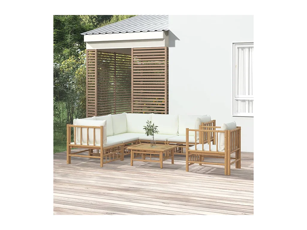 Set de muebles de jardín 7 piezas bambú y cojines blanco crema