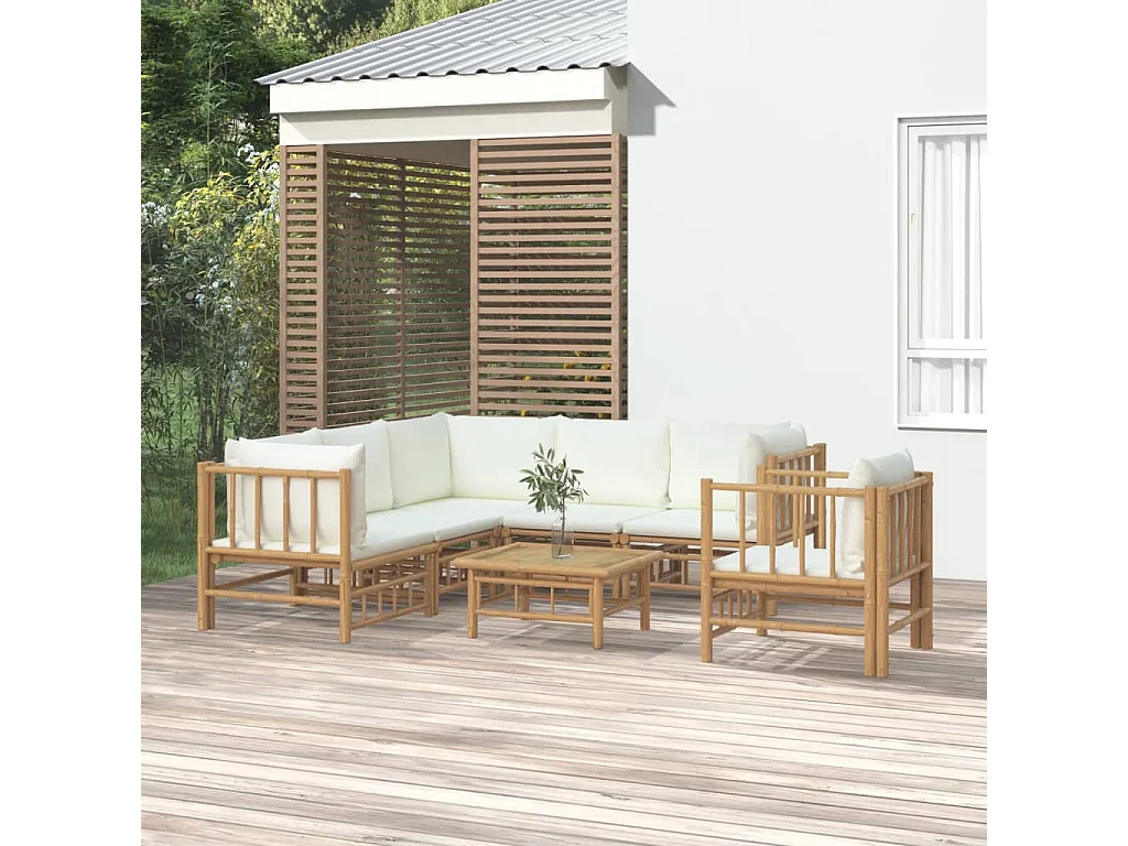 Salon de jardin 7 pièces avec coussins blanc crème bambou