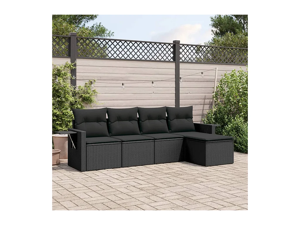 Salon de jardin 5 pièces avec coussins noir résine tressée