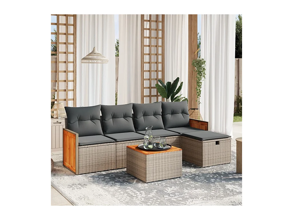 6 peças conjunto sofás de jardim com almofadões vime cinzento