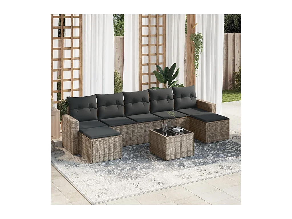 8-delige Loungeset met kussens poly rattan grijs