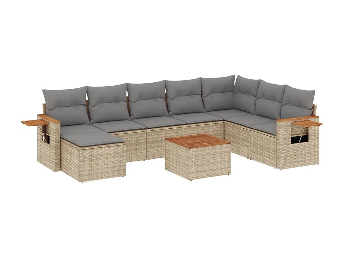 Set de sofás de jardín 9 piezas con cojines ratán sintético beige
