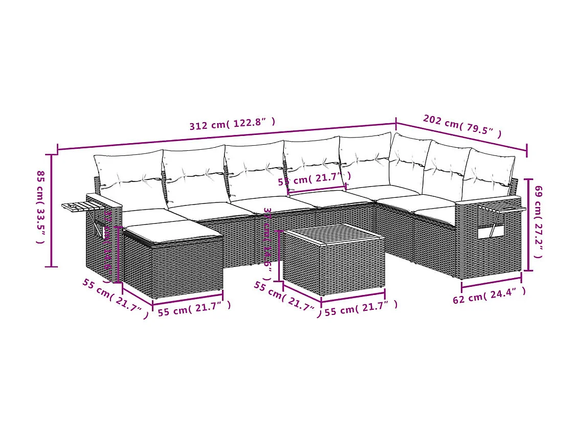 Set de sofás de jardín 9 piezas con cojines ratán sintético beige