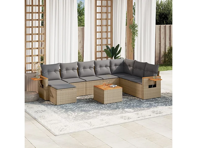 Salon de jardin avec coussins 9 pièces beige résine tressée