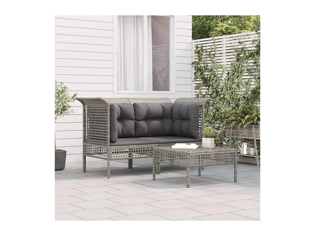 Salon de jardin 3 pièces avec coussins Gris Résine tressée
