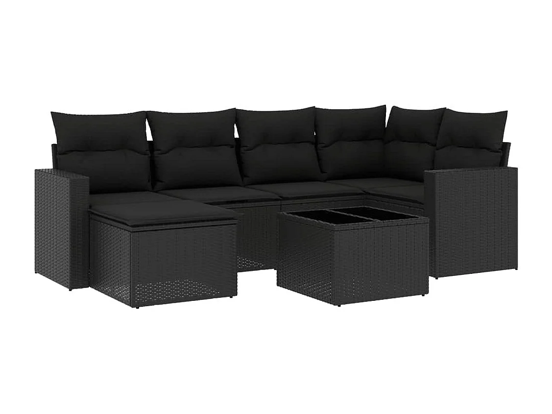 Salon de jardin 7 pièces avec coussins noir résine tressée