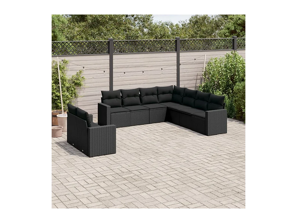 Salon de jardin 9 pièces avec coussins noir résine tressée