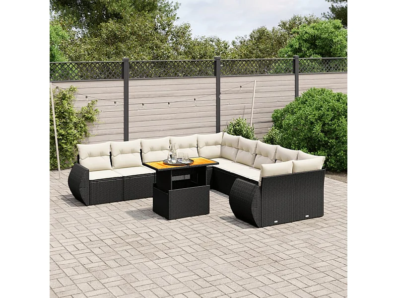 Salon de jardin 11 pièces avec coussins noir résine tressée