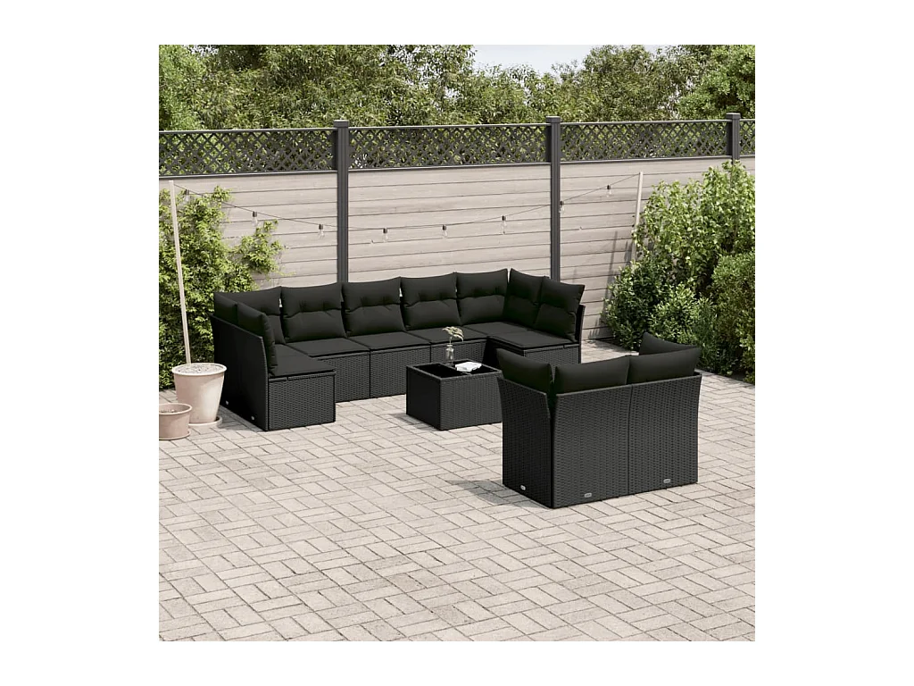 Salon de jardin 10 pièces avec coussins noir résine tressée