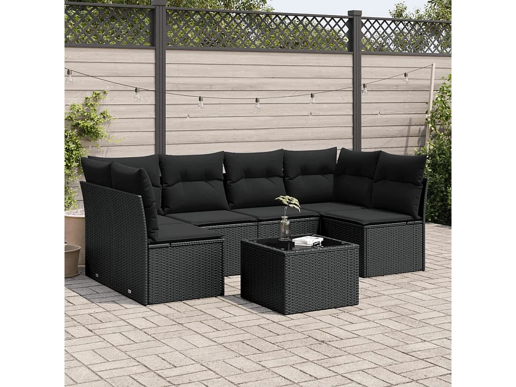 Salon de jardin 7 pièces avec coussins noir résine tressée