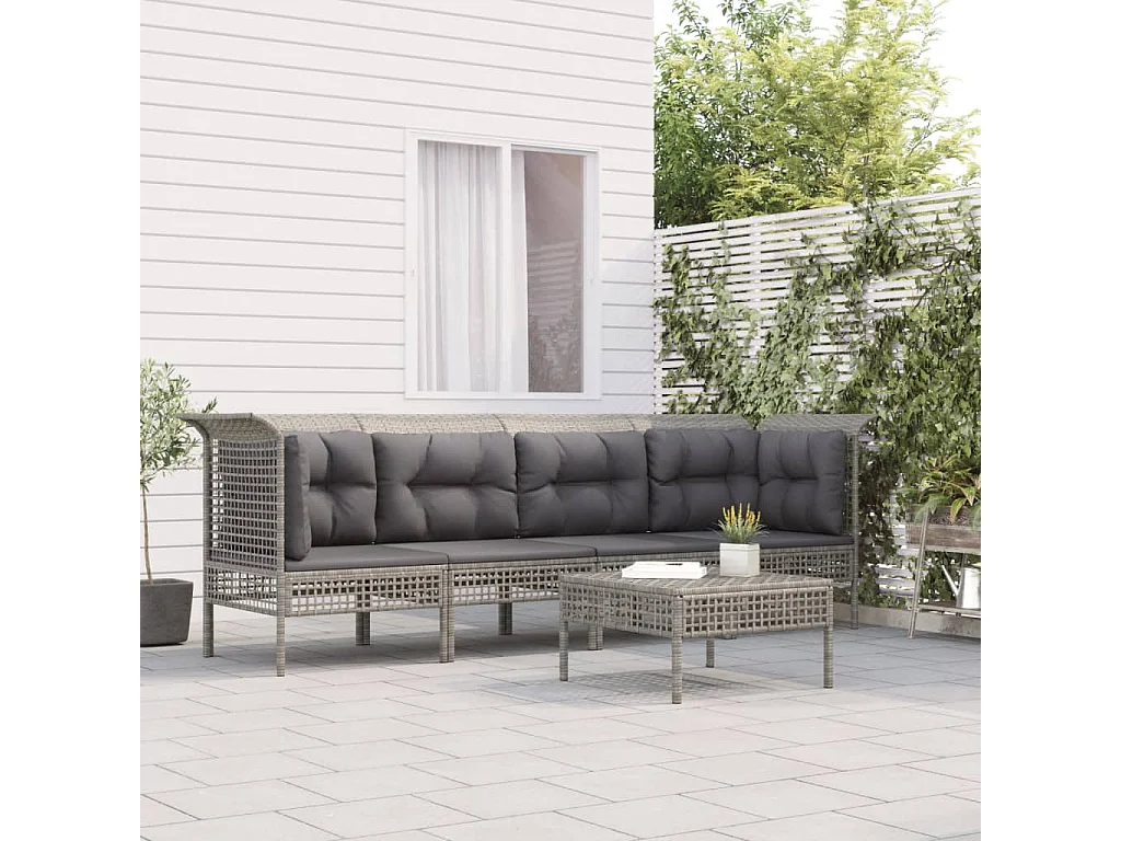 5 peças conjunto lounge de jardim c/ almofadões vime PE cinzento