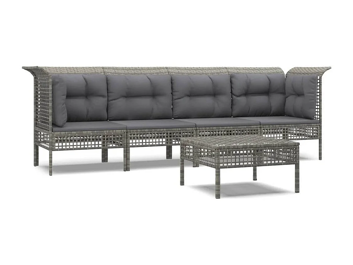 5 peças conjunto lounge de jardim c/ almofadões vime PE cinzento