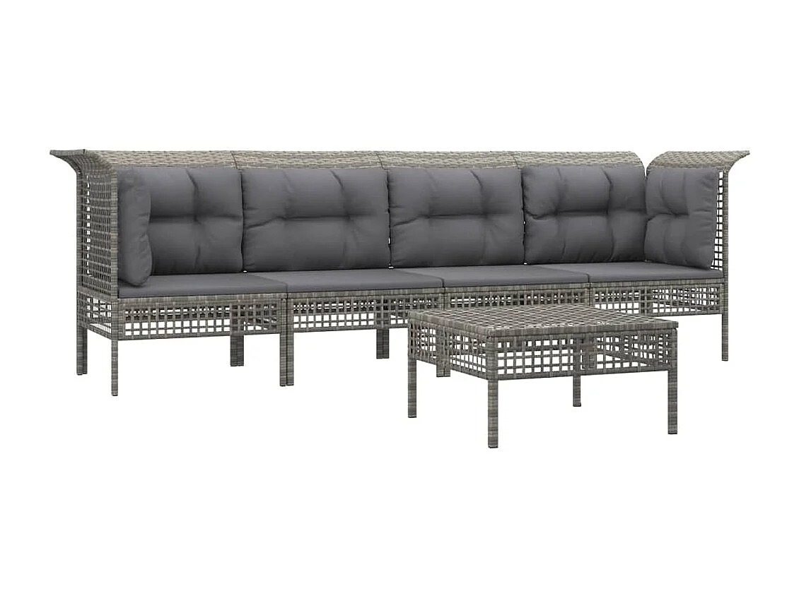 5 peças conjunto lounge de jardim c/ almofadões vime PE cinzento