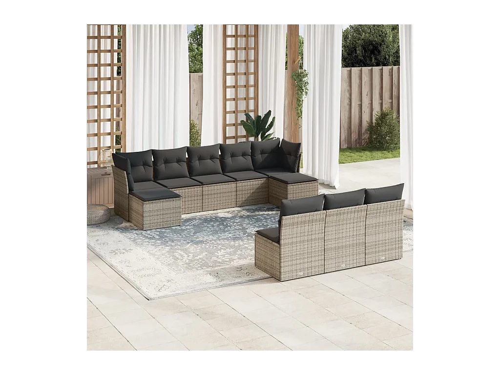 Salon de jardin avec coussins 10 pièces gris résine tressée