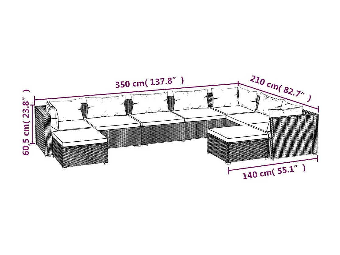 9-delige Loungeset met kussens poly rattan bruin