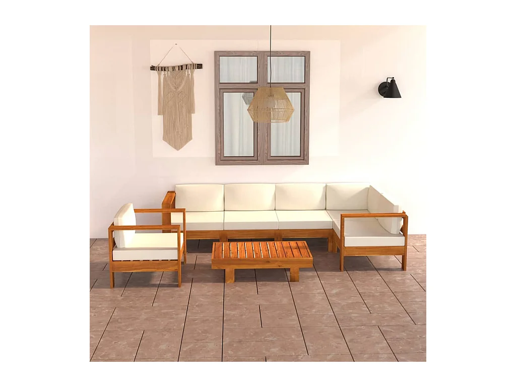 Salon de jardin 7 pièces avec coussins blanc crème Bois d'acacia