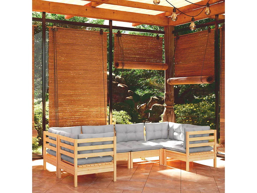Juego de muebles de jardín 6 piezas y cojines madera de pino
