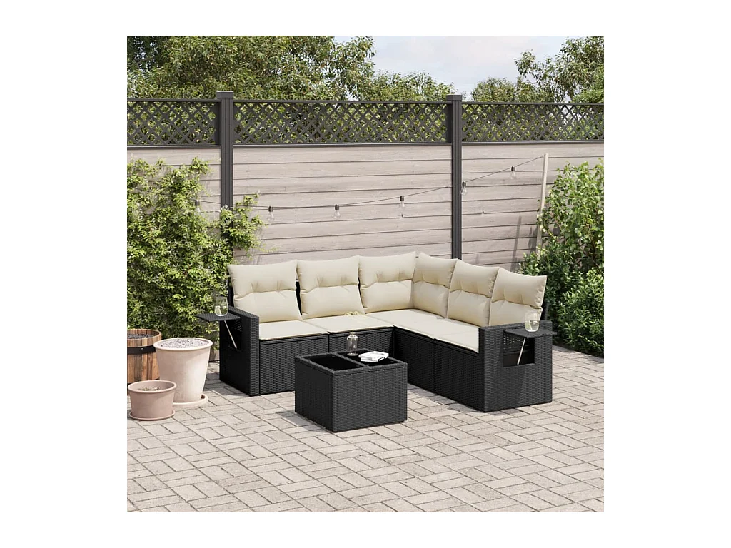Set de sofás de jardín 6 piezas y cojines ratán sintético negro