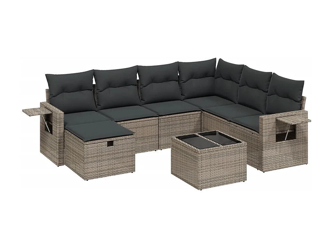 8-delige Loungeset met kussens poly rattan grijs