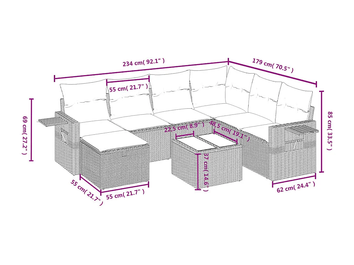 8-delige Loungeset met kussens poly rattan grijs
