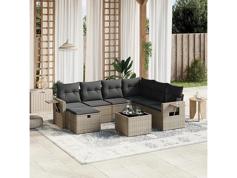 8-delige Loungeset met kussens poly rattan grijs