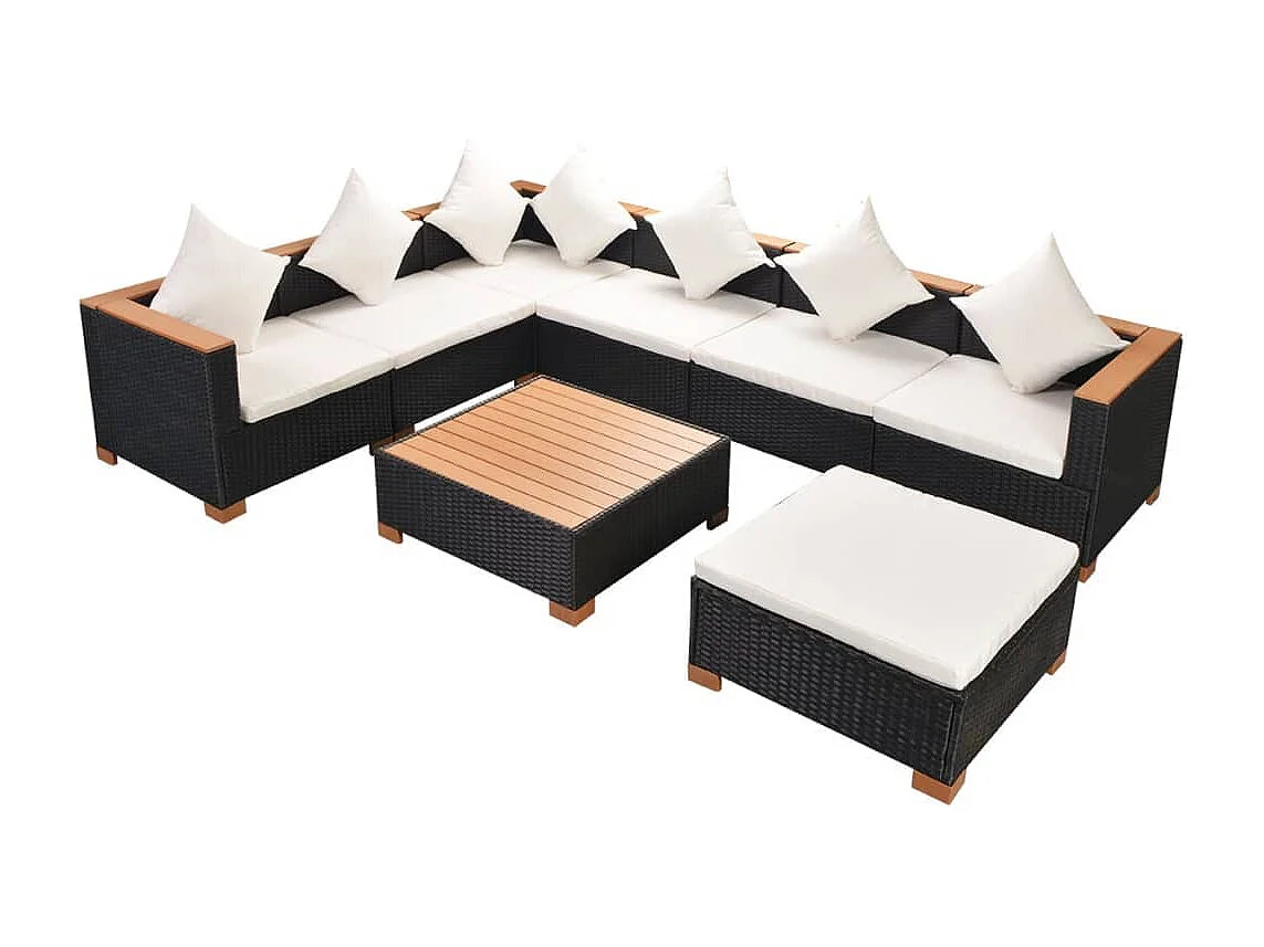Salon de jardin 8 pièces avec coussins Résine tressée Noir