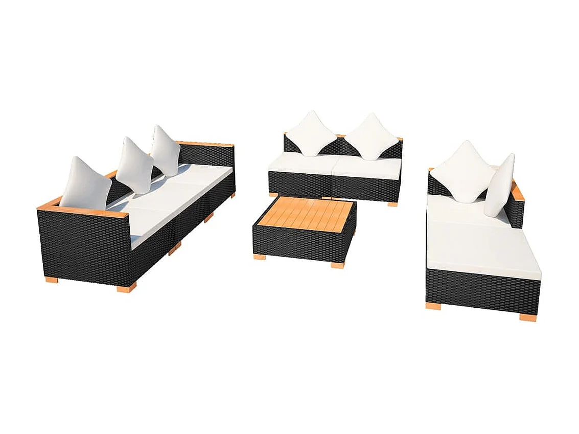 Salon de jardin 8 pièces avec coussins Résine tressée Noir